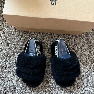 UGG Kids Black Fuzzy Slippers